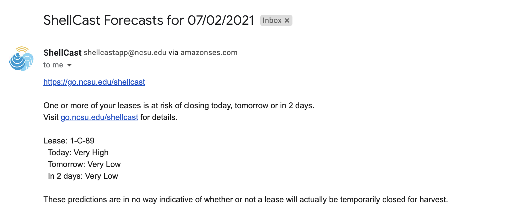 Screenshot of email notification showing forecasted risk of closure details 
      for each lease and a link to return to the ShellCast web application to see more information.